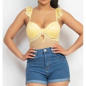 Baby Yellow Cutout Lace Sweetheart Cami Bodysuit Size Small